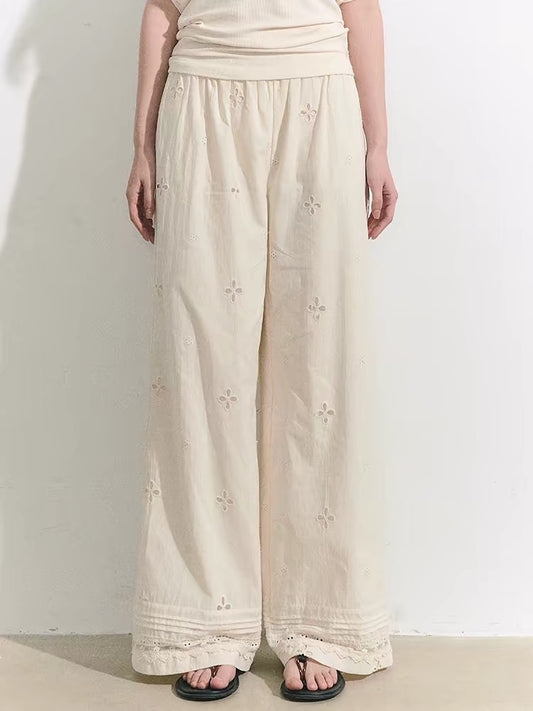 OIOI ESSE Embroidered Crochet Hollow-Out Straight Leg Pants for Women, Lace Trim, Versatile Wide-Leg Casual Pants
