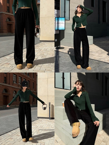 NEVA HU black knitted casual pants for women, loose wide-leg pants, lazy style, warm plush straight pants
