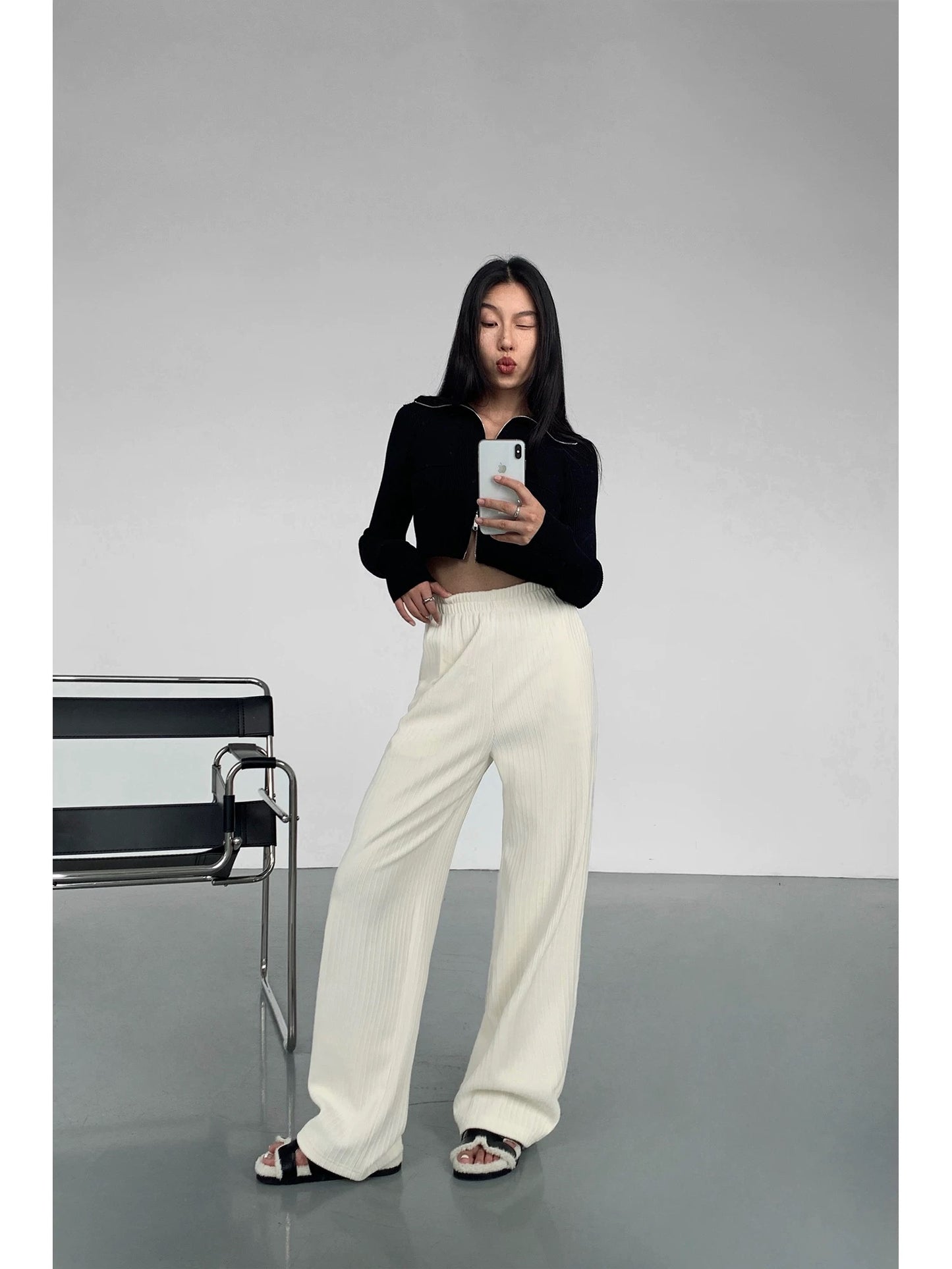 NEVA HU black knitted casual pants for women, loose wide-leg pants, lazy style, warm plush straight pants