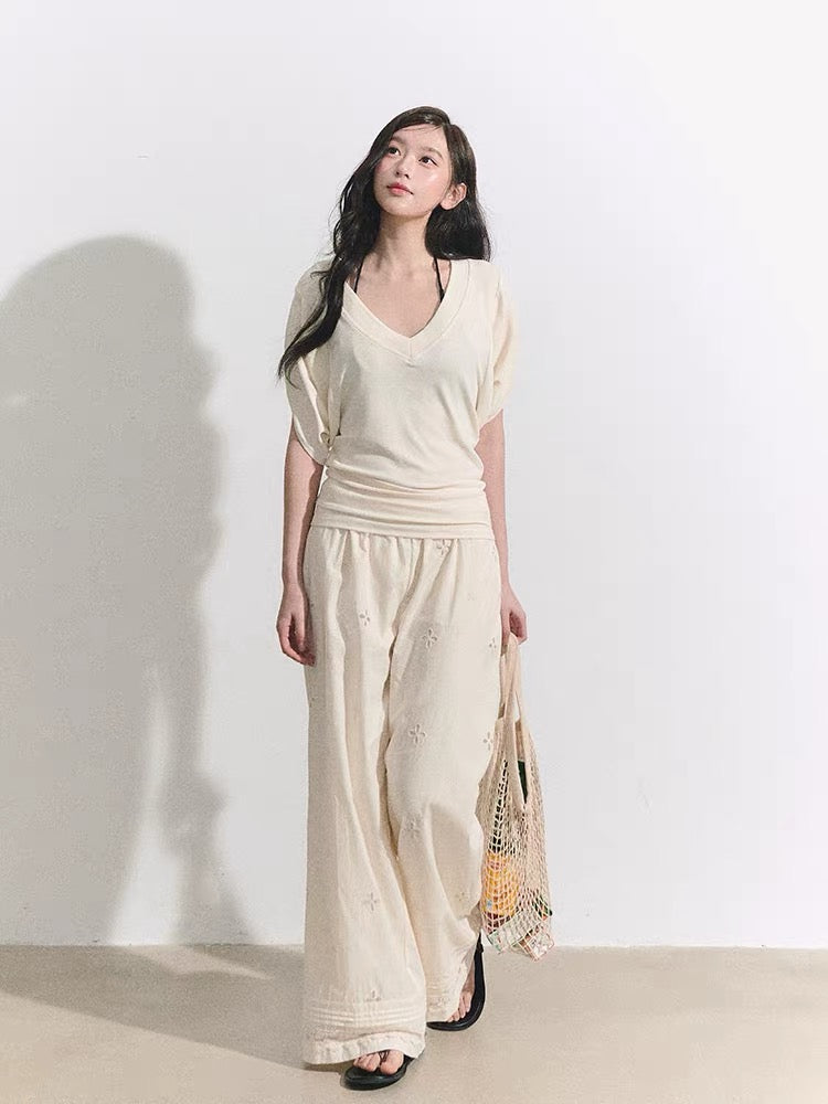 OIOI ESSE Embroidered Crochet Hollow-Out Straight Leg Pants for Women, Lace Trim, Versatile Wide-Leg Casual Pants