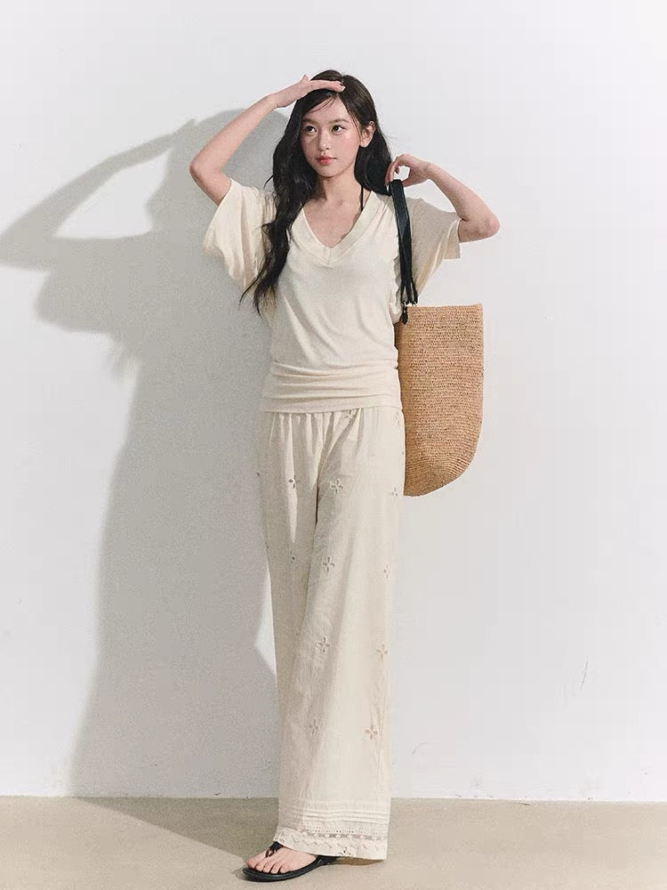 OIOI ESSE Embroidered Crochet Hollow-Out Straight Leg Pants for Women, Lace Trim, Versatile Wide-Leg Casual Pants