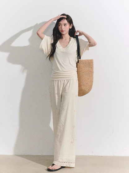 OIOI ESSE Embroidered Crochet Hollow-Out Straight Leg Pants for Women, Lace Trim, Versatile Wide-Leg Casual Pants