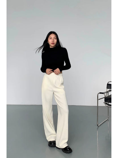 NEVA HU black knitted casual pants for women, loose wide-leg pants, lazy style, warm plush straight pants