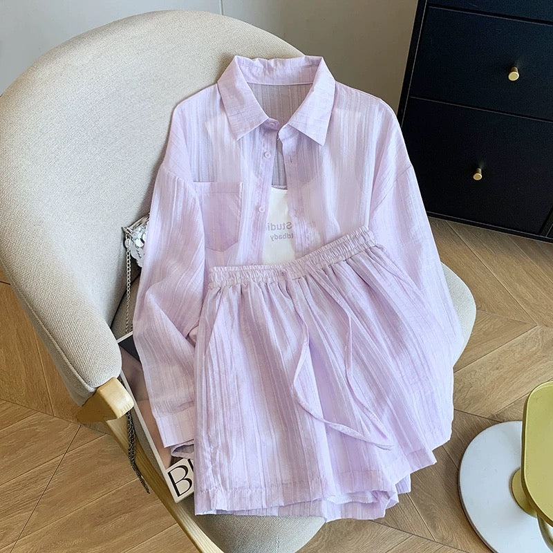 Guangzhou Shisanhang high-quality goods hot-selling ~ worry-free matching light and thin sun-proof shirt + suspenders + shorts three-piece suit for women