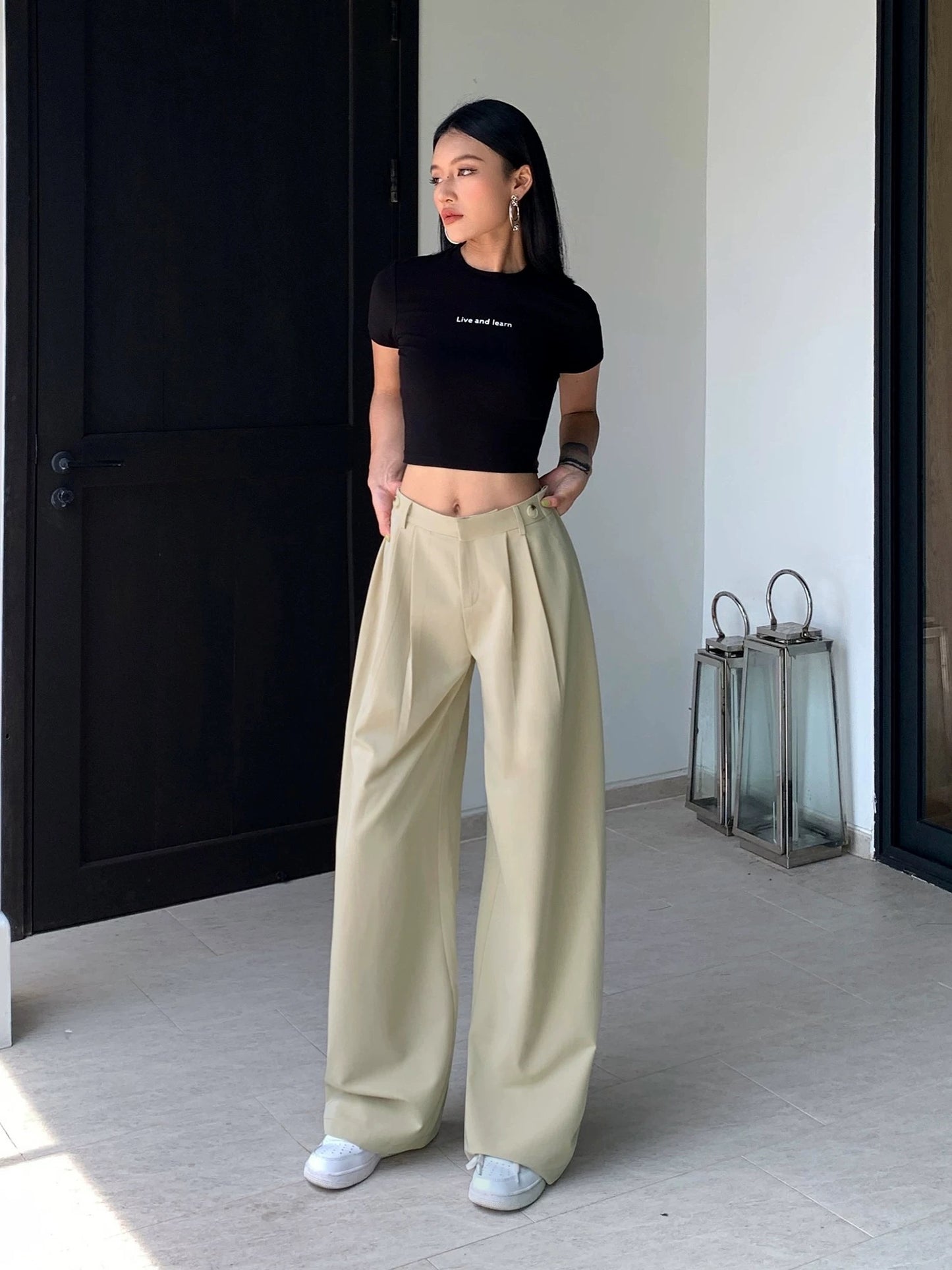 NEVA HU Black Casual High Waisted Wide Leg Pants Women's Drapey 2024 Summer Straight Leg Suit Pants Loose Floor-Mopping Pants