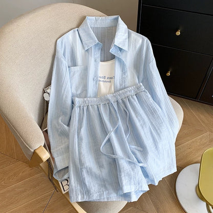 Guangzhou Shisanhang high-quality goods hot-selling ~ worry-free matching light and thin sun-proof shirt + suspenders + shorts three-piece suit for women