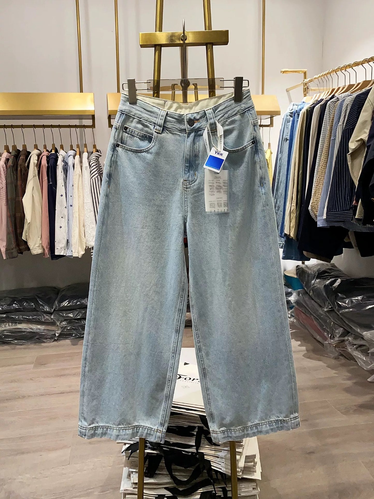 [Xiao Ai's Stall Photos] Korean Retro High-Waisted Straight Leg Jeans for Women, Loose Fit, Versatile Cropped Wide Leg Pants, Trendy