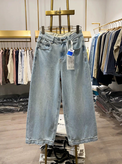 [Xiao Ai's Stall Photos] Korean Retro High-Waisted Straight Leg Jeans for Women, Loose Fit, Versatile Cropped Wide Leg Pants, Trendy