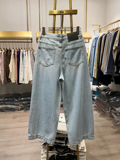 [Xiao Ai's Stall Photos] Korean Retro High-Waisted Straight Leg Jeans for Women, Loose Fit, Versatile Cropped Wide Leg Pants, Trendy