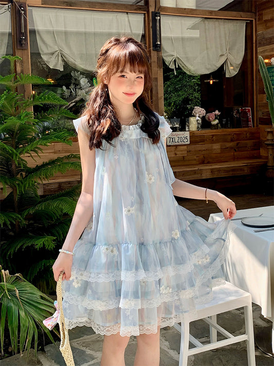 sinsingirl midsummer flower skirt female summer fairy new blue wave lace short-sleeved dress