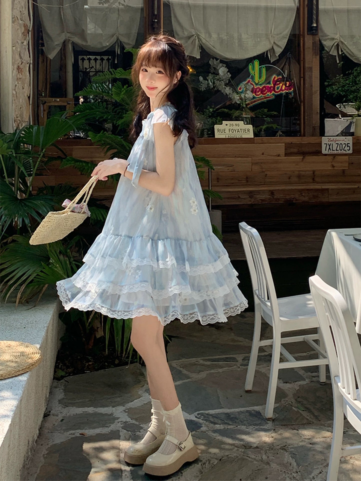 sinsingirl midsummer flower skirt female summer fairy new blue wave lace short-sleeved dress