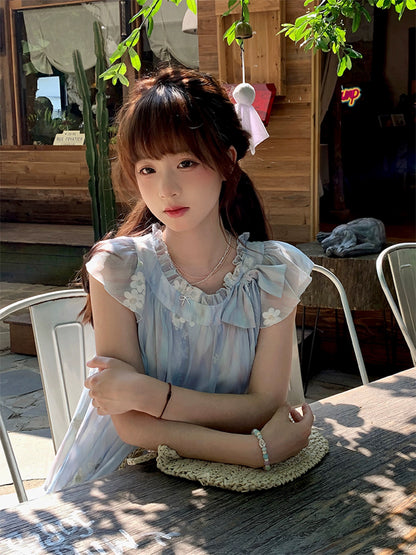 sinsingirl midsummer flower skirt female summer fairy new blue wave lace short-sleeved dress