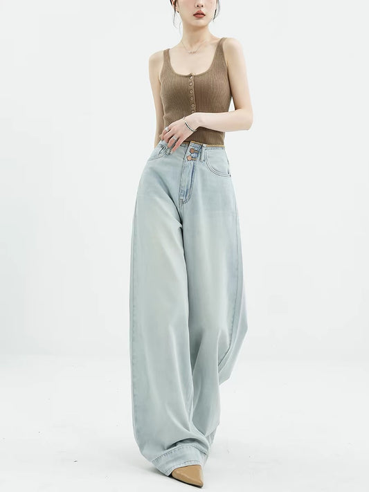ABWLR 2026 New Spring/Summer Light Wide-Leg Blue Jeans for Women, Slimming Straight Leg Loose Fit Floor-Length Pants