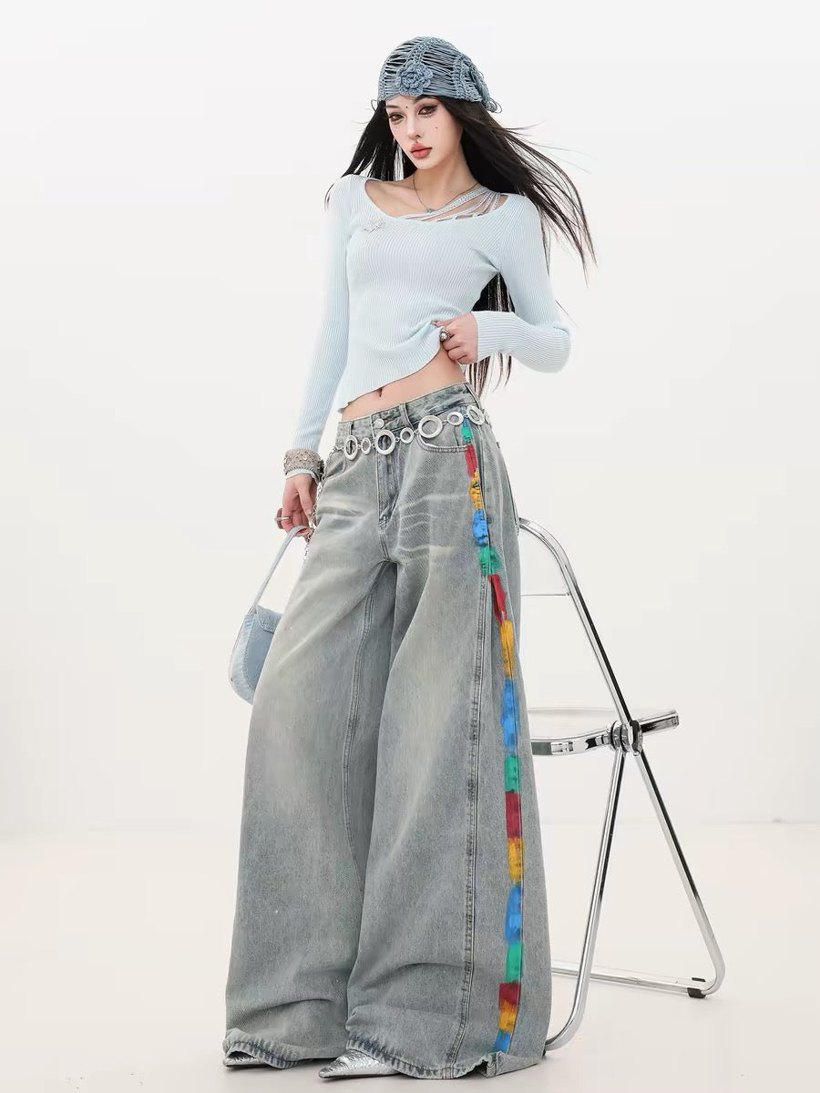 ABWLR Free and Easy Stroll - Original American Graffiti Style Side-Painted Wide-Leg Jeans for Women, Loose Straight Leg Pants
