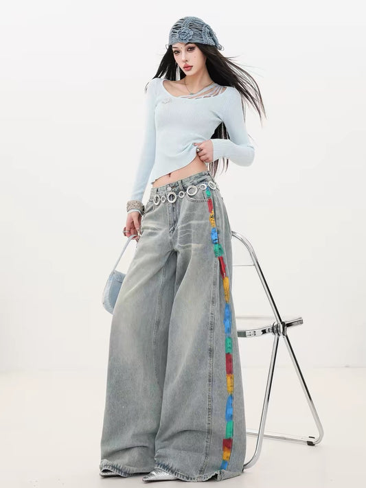 ABWLR Free and Easy Stroll - Original American Graffiti Style Side-Painted Wide-Leg Jeans for Women, Loose Straight Leg Pants