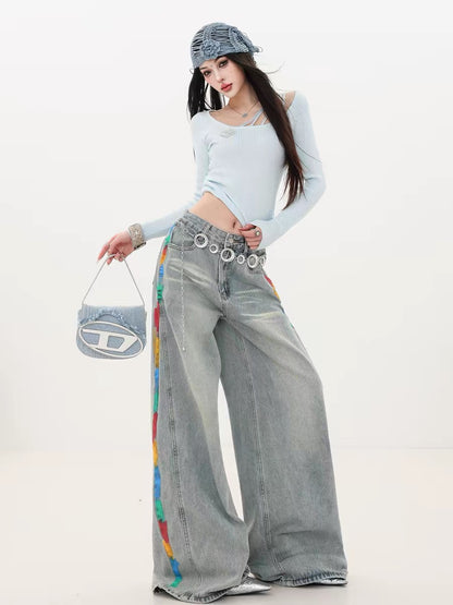 ABWLR Free and Easy Stroll - Original American Graffiti Style Side-Painted Wide-Leg Jeans for Women, Loose Straight Leg Pants