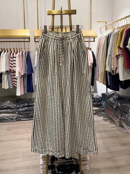 [Xiao Ai's Shop Photos] Spring Elastic Drawstring Striped Wide-Leg Pants for Women, Versatile and Stylish Casual Pants