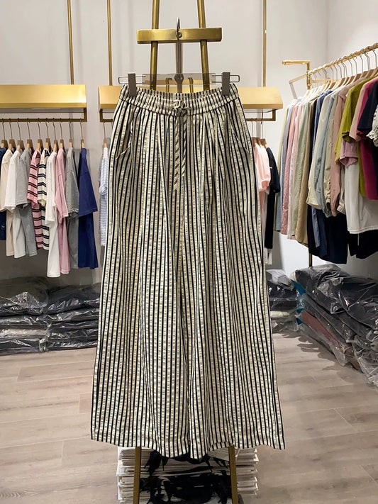 [Xiao Ai's Shop Photos] Spring Elastic Drawstring Striped Wide-Leg Pants for Women, Versatile and Stylish Casual Pants