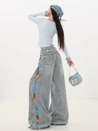 ABWLR Free and Easy Stroll - Original American Graffiti Style Side-Painted Wide-Leg Jeans for Women, Loose Straight Leg Pants