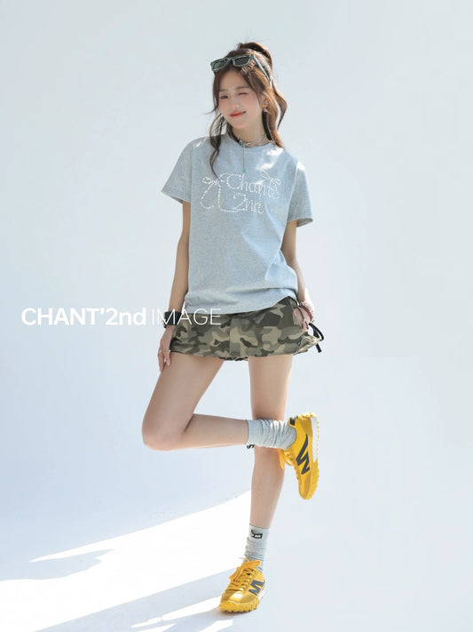 "CHANT2nd" bow hot diamond straight shoulder short-sleeved T-shirt women's summer sun protection Solona cool loose top