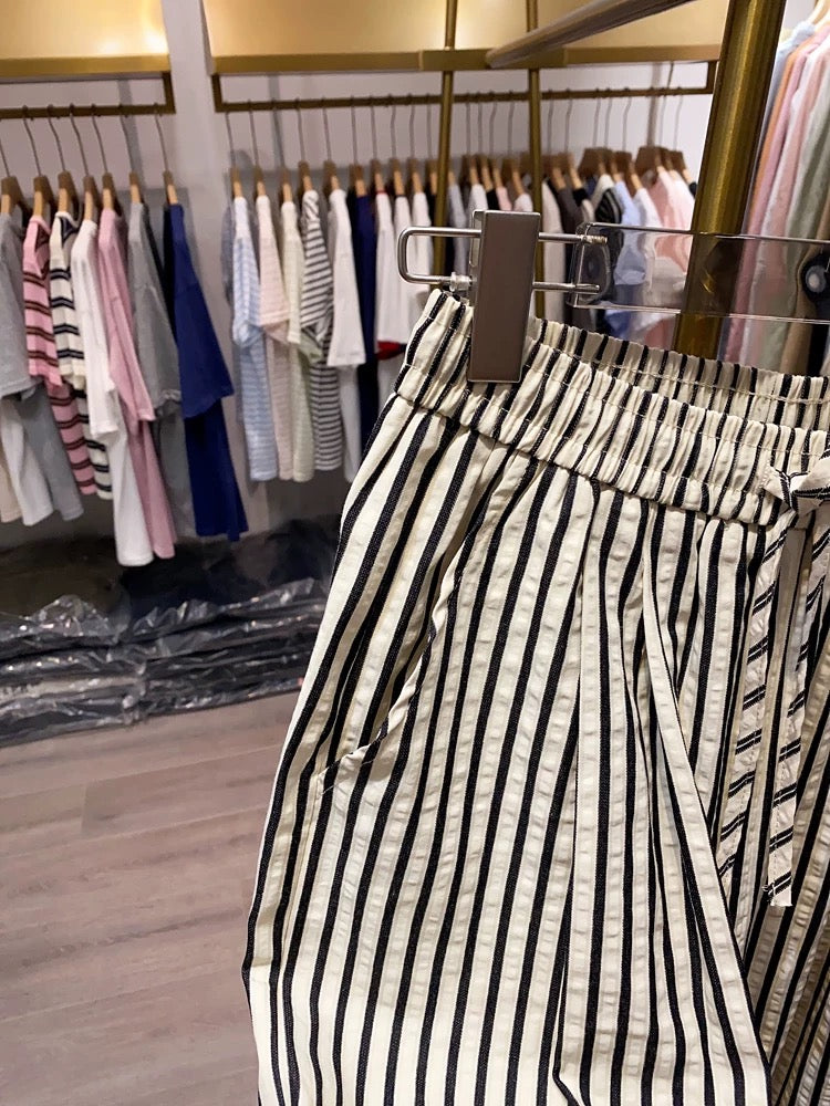 [Xiao Ai's Shop Photos] Spring Elastic Drawstring Striped Wide-Leg Pants for Women, Versatile and Stylish Casual Pants