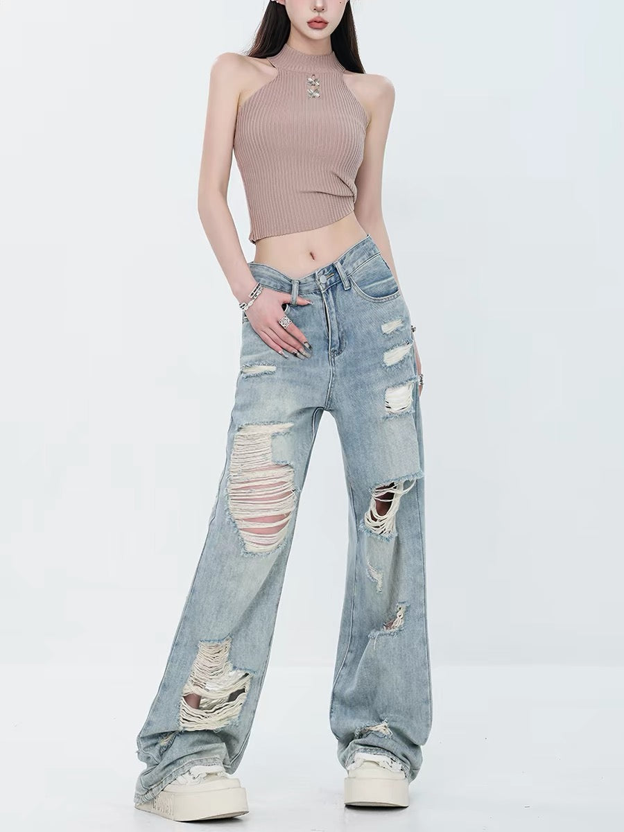 ABWEAR Summer New American Street Style Blue Ripped Washed Jeans for Women, Straight Leg, Loose Fit, Slimming Wide Leg Pants