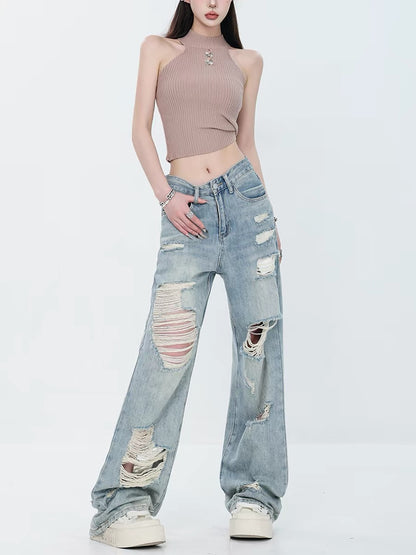 ABWEAR Summer New American Street Style Blue Ripped Washed Jeans for Women, Straight Leg, Loose Fit, Slimming Wide Leg Pants
