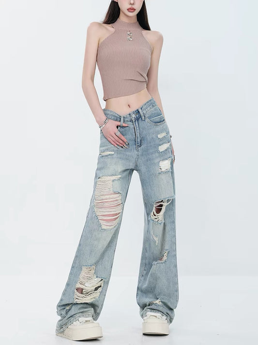 ABWEAR Summer New American Street Style Blue Ripped Washed Jeans for Women, Straight Leg, Loose Fit, Slimming Wide Leg Pants