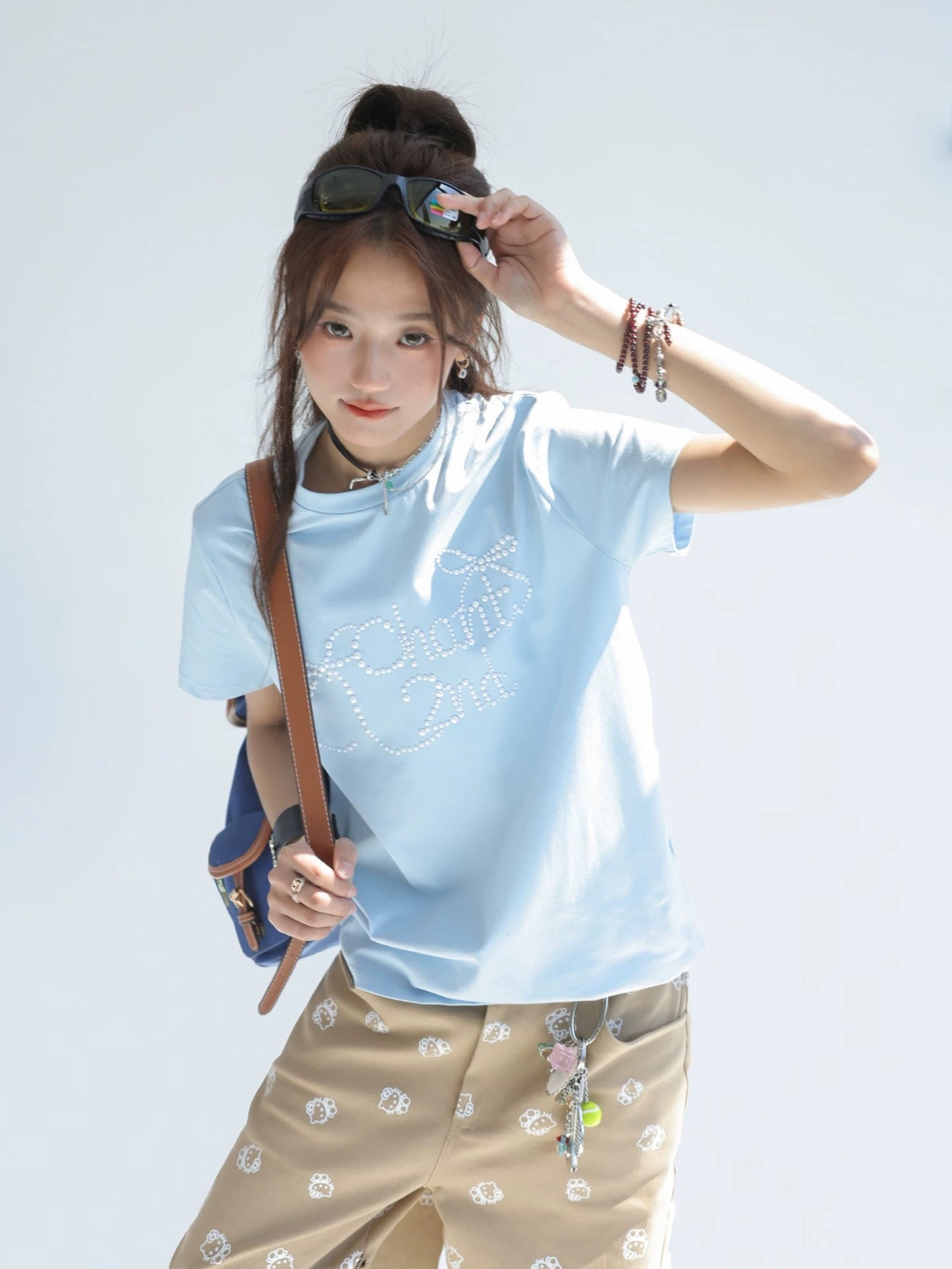 "CHANT2nd" bow hot diamond straight shoulder short-sleeved T-shirt women's summer sun protection Solona cool loose top