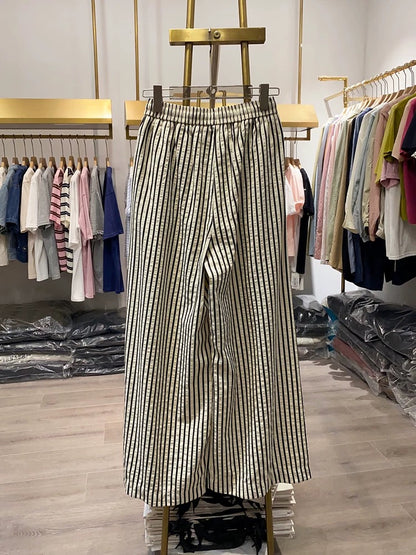 [Xiao Ai's Shop Photos] Spring Elastic Drawstring Striped Wide-Leg Pants for Women, Versatile and Stylish Casual Pants