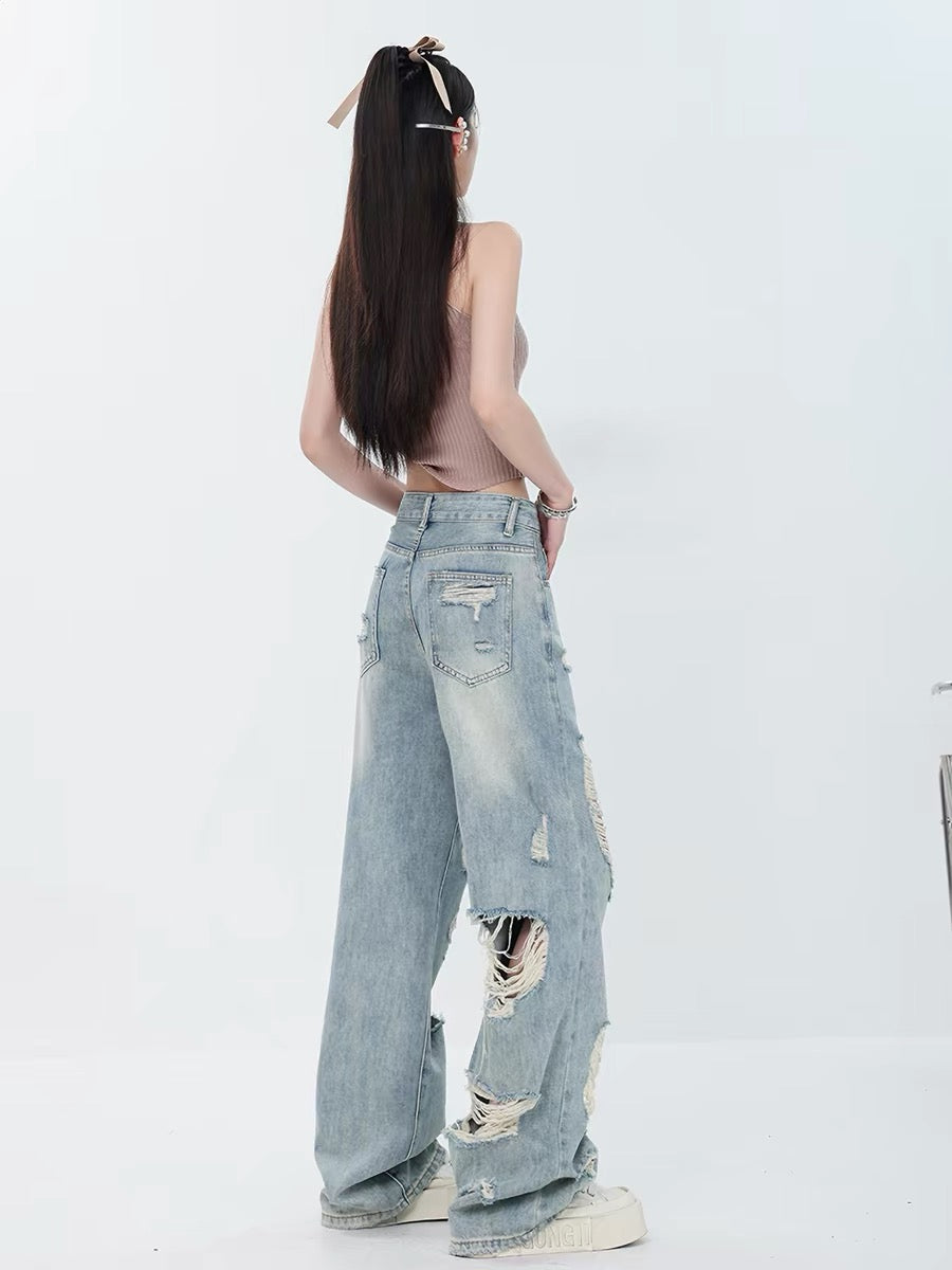 ABWEAR Summer New American Street Style Blue Ripped Washed Jeans for Women, Straight Leg, Loose Fit, Slimming Wide Leg Pants