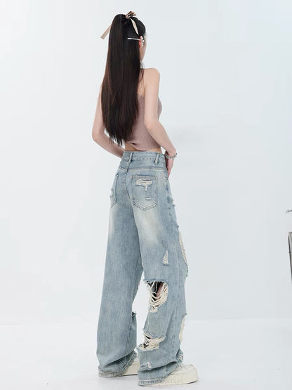 ABWEAR Summer New American Street Style Blue Ripped Washed Jeans for Women, Straight Leg, Loose Fit, Slimming Wide Leg Pants
