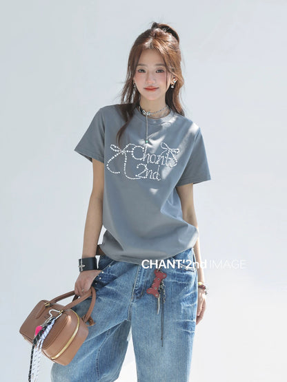 "CHANT2nd" bow hot diamond straight shoulder short-sleeved T-shirt women's summer sun protection Solona cool loose top