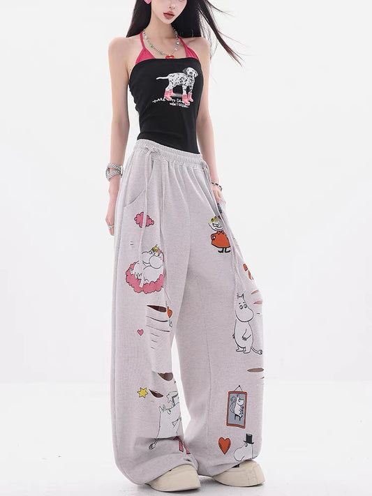 ABWEAR Theme Park - Original Cartoon Print Ripped Casual Pants for Women, Loose Wide-Leg Pants