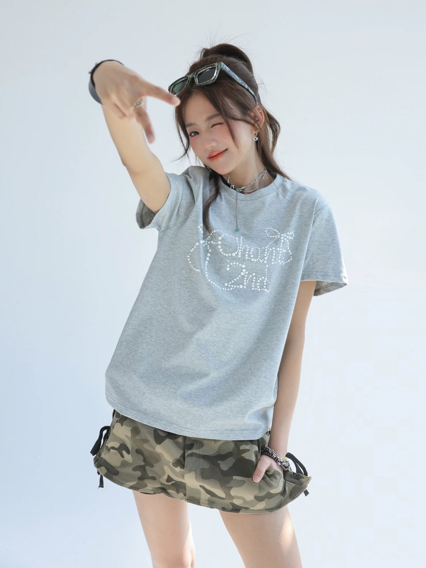 "CHANT2nd" bow hot diamond straight shoulder short-sleeved T-shirt women's summer sun protection Solona cool loose top