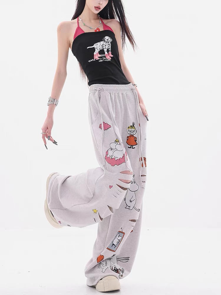 ABWEAR Theme Park - Original Cartoon Print Ripped Casual Pants for Women, Loose Wide-Leg Pants