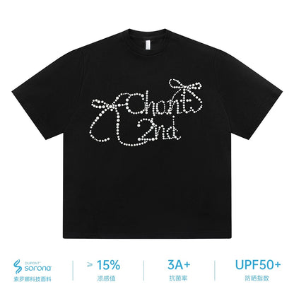 "CHANT2nd" bow hot diamond straight shoulder short-sleeved T-shirt women's summer sun protection Solona cool loose top