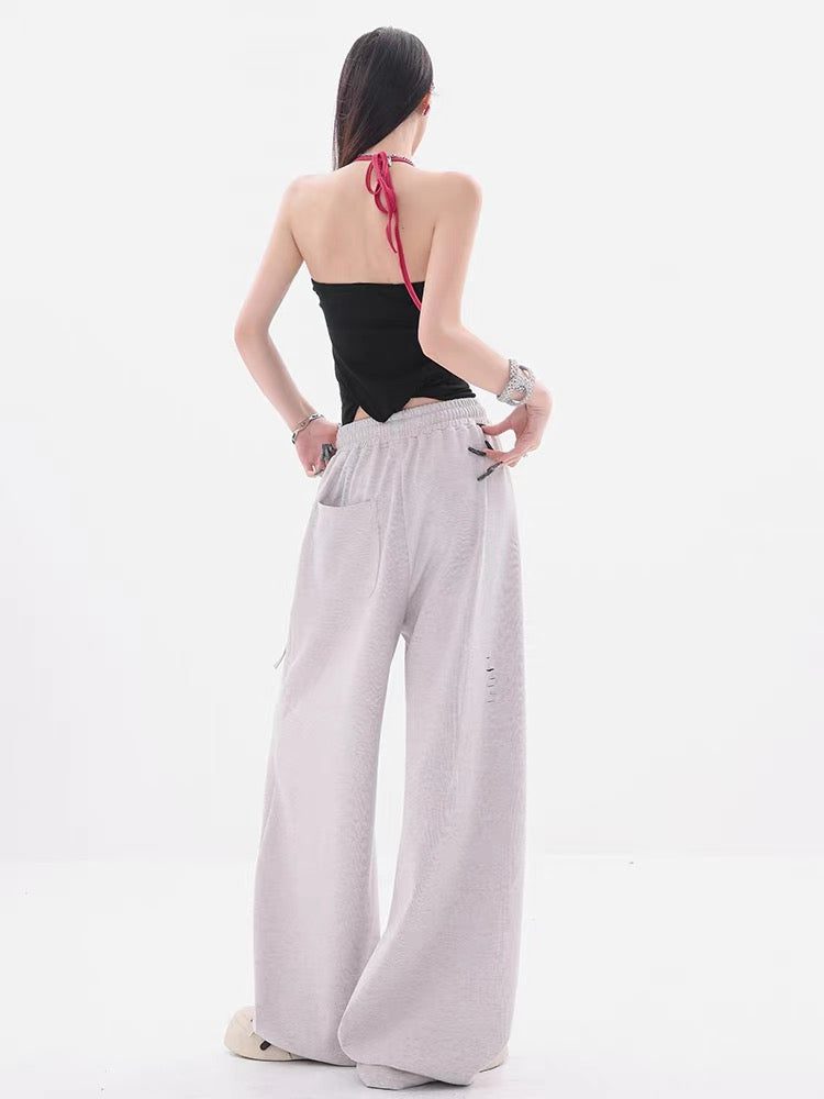 ABWEAR Theme Park - Original Cartoon Print Ripped Casual Pants for Women, Loose Wide-Leg Pants