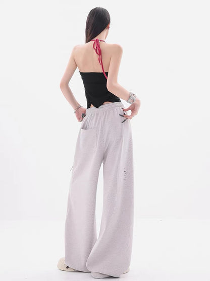 ABWEAR Theme Park - Original Cartoon Print Ripped Casual Pants for Women, Loose Wide-Leg Pants