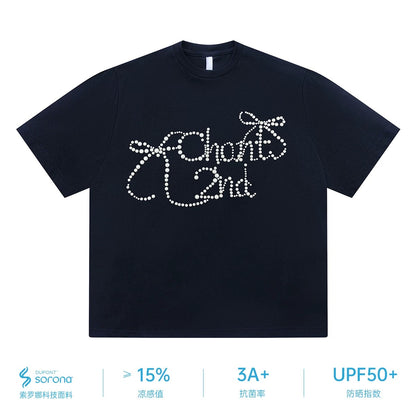 "CHANT2nd" bow hot diamond straight shoulder short-sleeved T-shirt women's summer sun protection Solona cool loose top