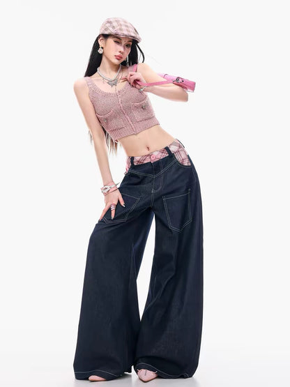 ABWLR Sweet Steps - Original Energetic High-End Design Patchwork Jeans for Women, American High Street Straight Leg Pants