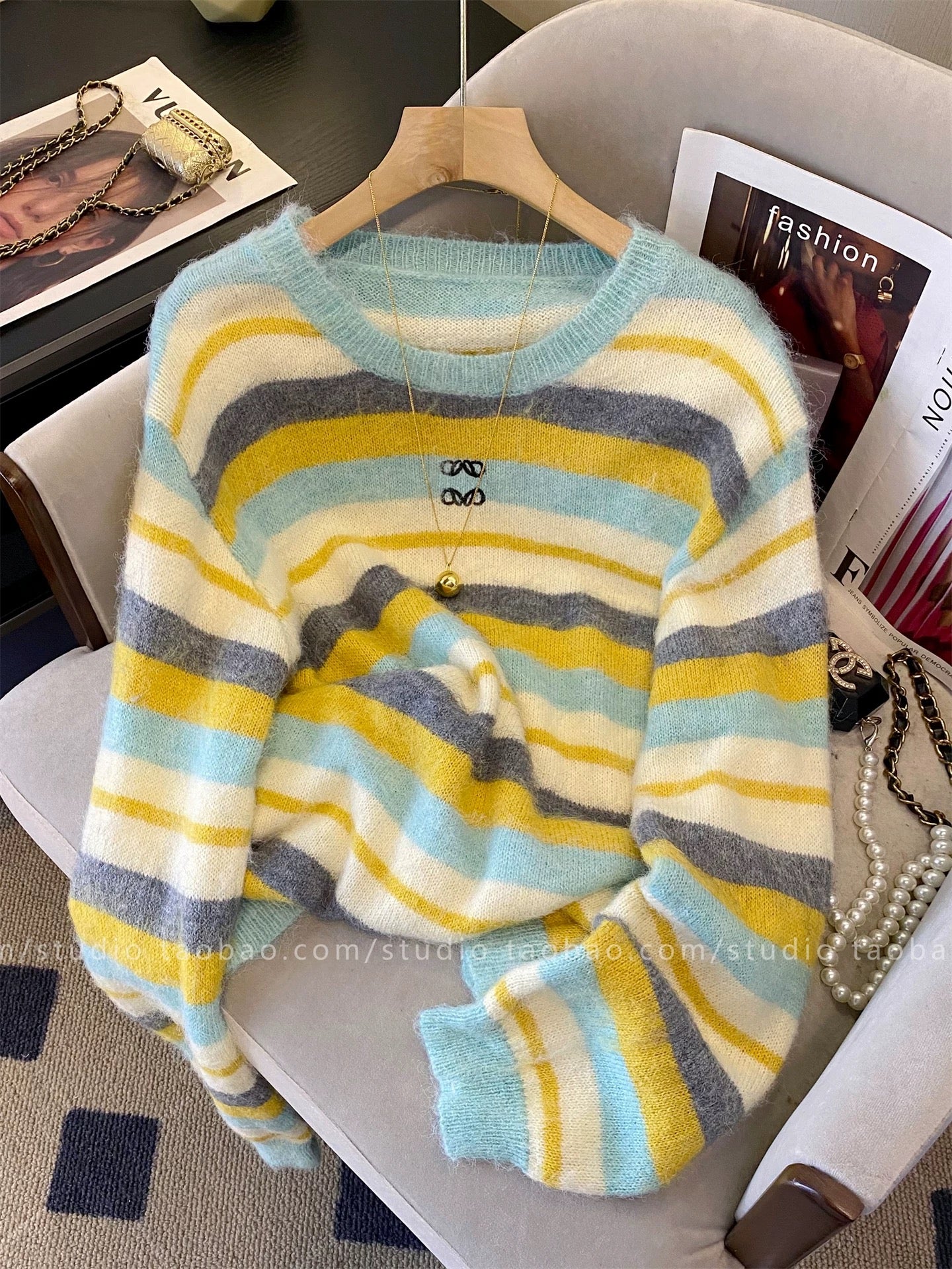 Women's 2025 New Style Colorful Striped Embroidered Round Neck Knit Sweater, Long Sleeve, Loose Fit, Slimming, Thick, Warm, and Youthful