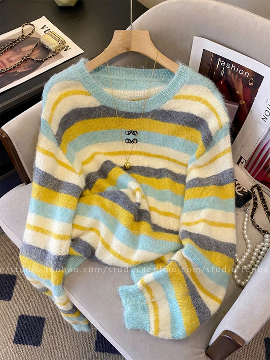 Women's 2025 New Style Colorful Striped Embroidered Round Neck Knit Sweater, Long Sleeve, Loose Fit, Slimming, Thick, Warm, and Youthful