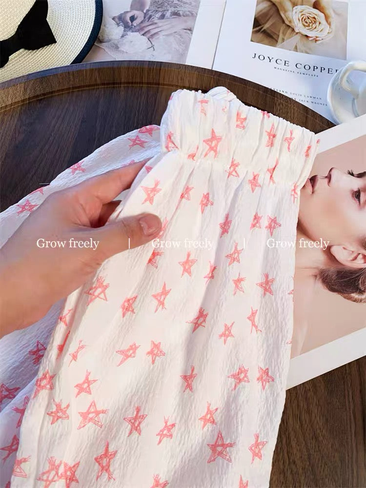 Grow freely hand-painted pink star print drawstring casual pants, new summer style, straight leg, high waist, wide leg pants for women.