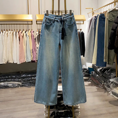 [Xiao Ai's Shop Photos] Women's Winter Loose Wide-Leg Casual Jeans with Pony Embroidery and Fleece Lining
