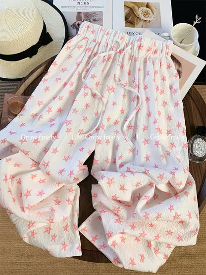 Grow freely hand-painted pink star print drawstring casual pants, new summer style, straight leg, high waist, wide leg pants for women.