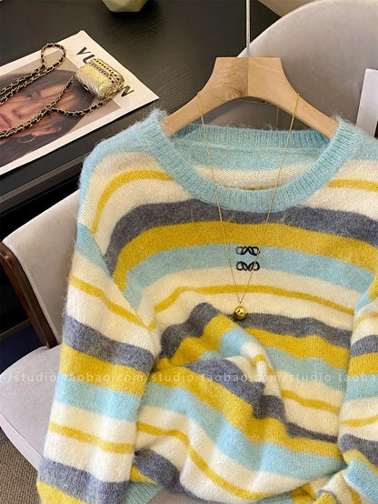 Women's 2025 New Style Colorful Striped Embroidered Round Neck Knit Sweater, Long Sleeve, Loose Fit, Slimming, Thick, Warm, and Youthful