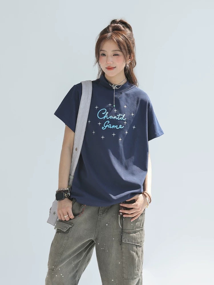 "CHANT2nd" letter embroidered T-shirt women's summer straight shoulder short sleeve loose lazy style chic Korean top