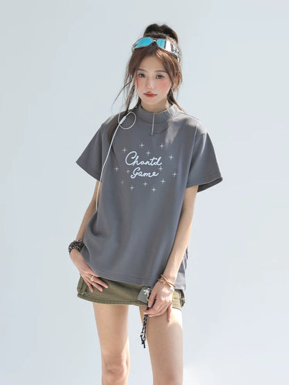 "CHANT2nd" letter embroidered T-shirt women's summer straight shoulder short sleeve loose lazy style chic Korean top