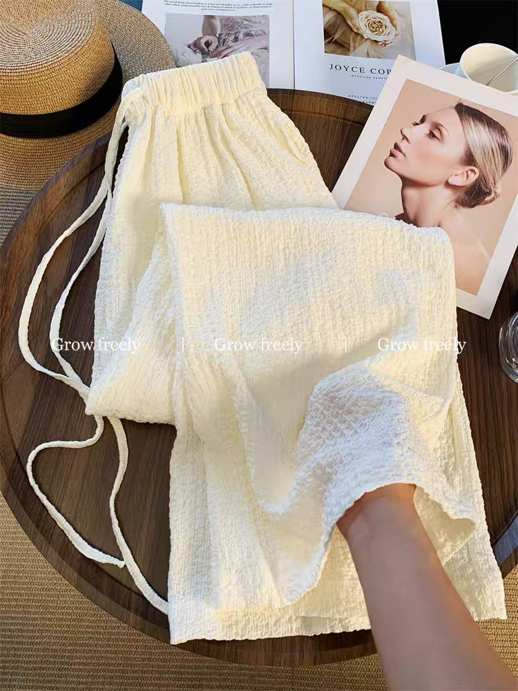 Grow freely Apricot elastic high-waisted wide-leg pants for women, summer thin, breathable, loose casual style.